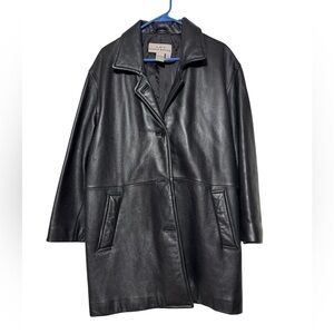 Eddie Bauer Black Leather Trench Jacket Coat Women Size S Classic Winter Long